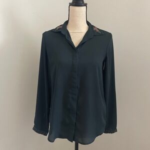 ZARA Beaded Button Down Blouse XS Dark Green Semi Sheer Corpcore Boho Chic Artsy